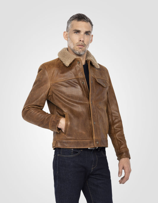 Veste trucker col mouton mythique USA, cuir de buffle