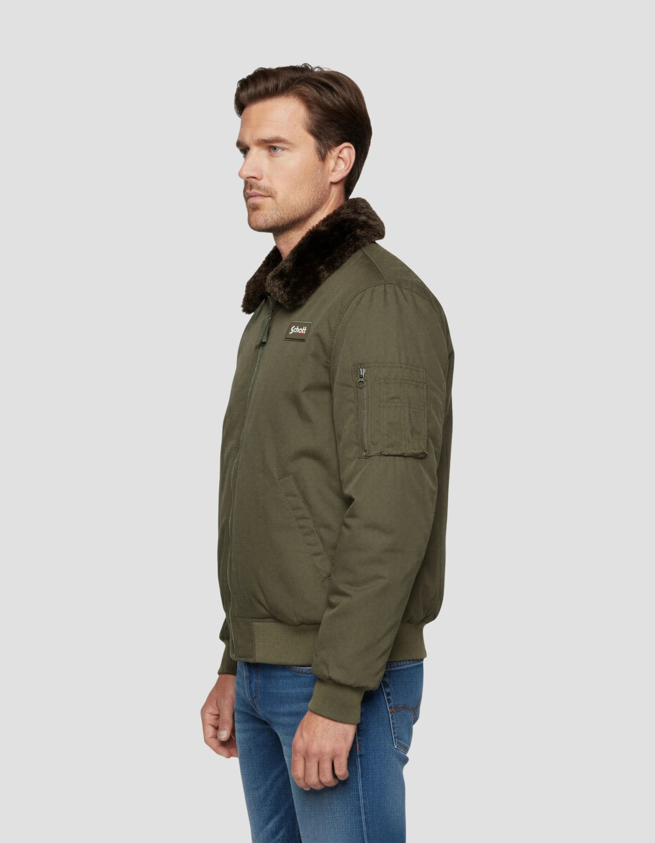 Chaqueta de color caqui con cuello de piel sintética extraíble-3