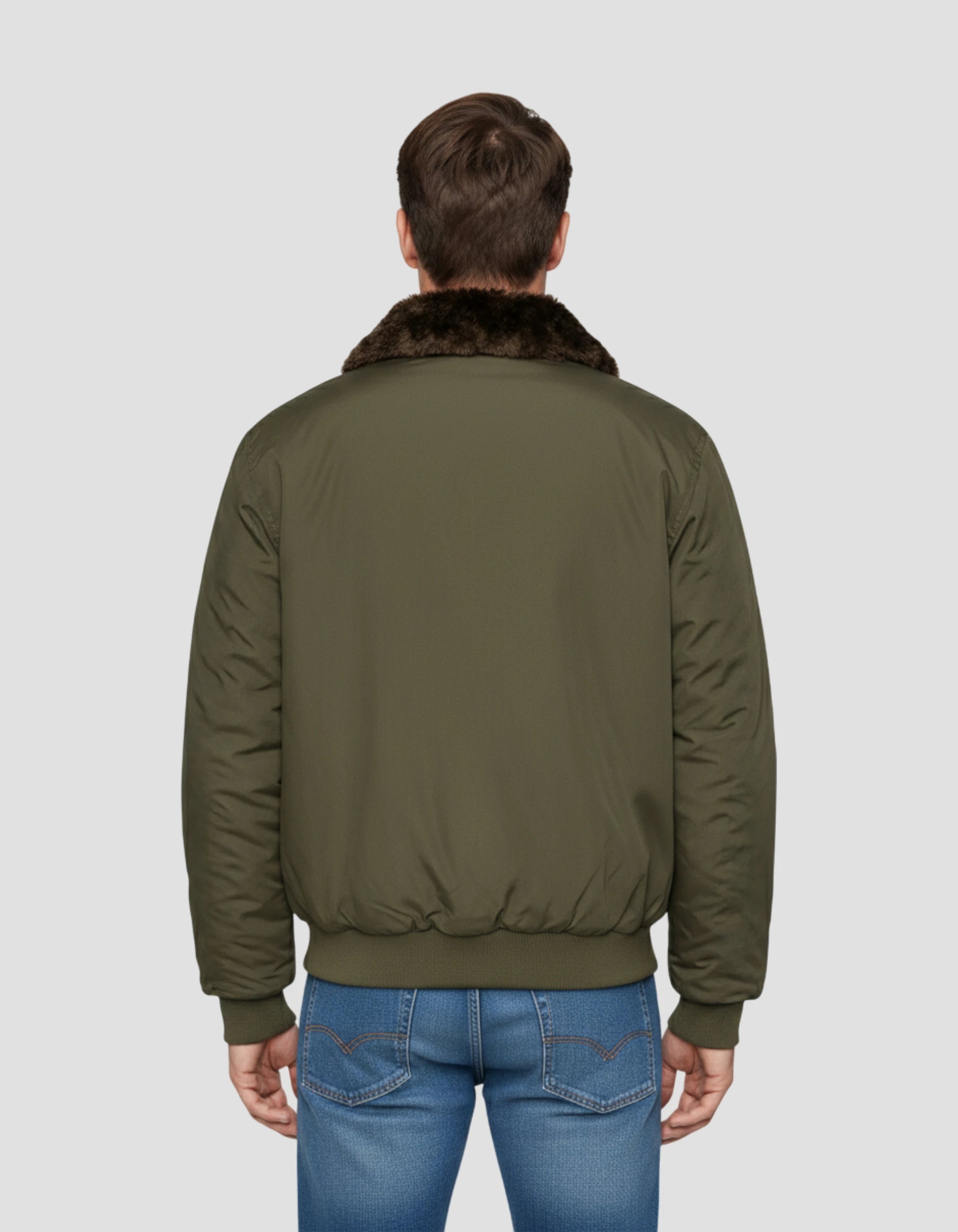 Chaqueta de color caqui con cuello de piel sintética extraíble-4