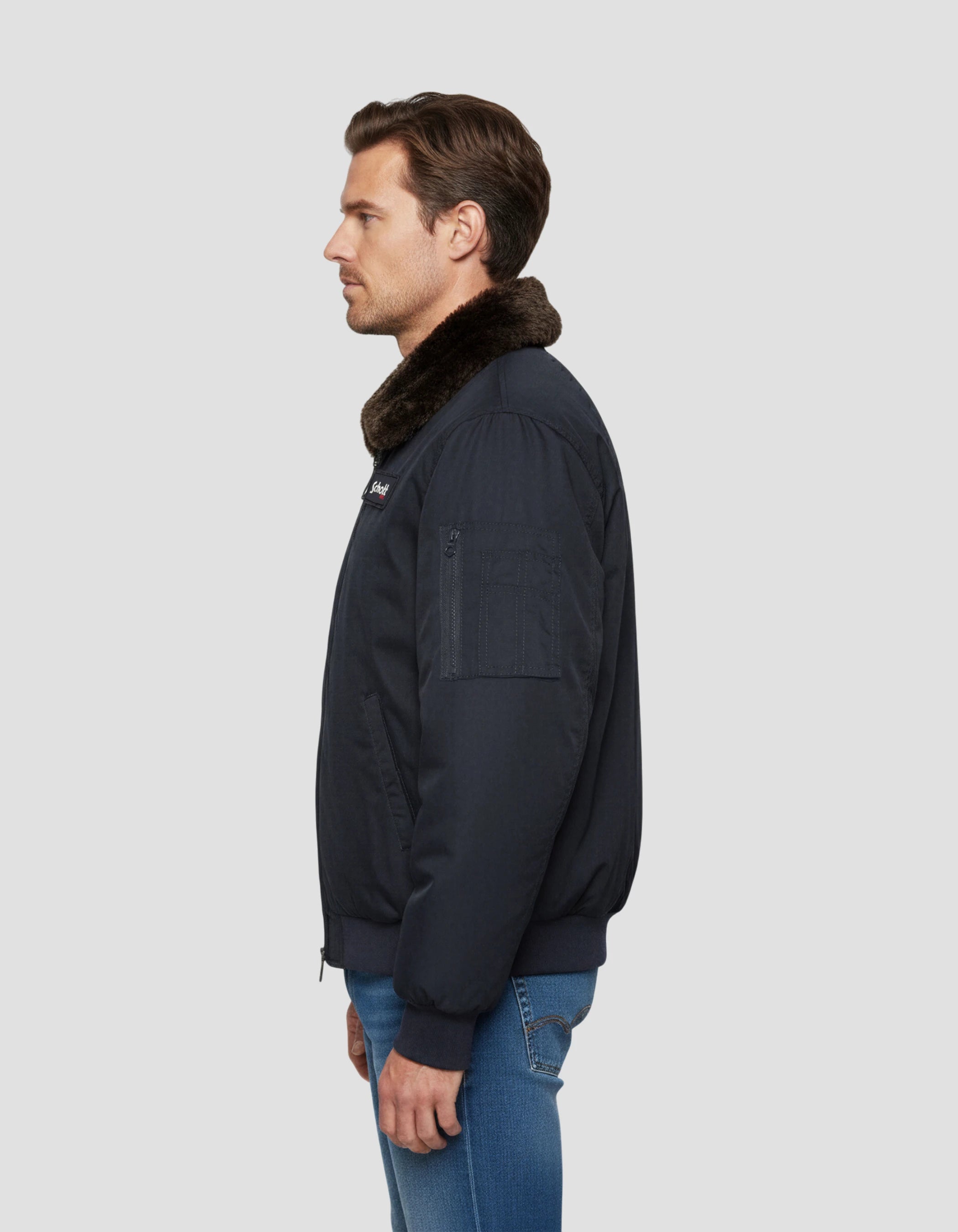 Chaqueta azul marino con cuello de piel sintética extraíble-3