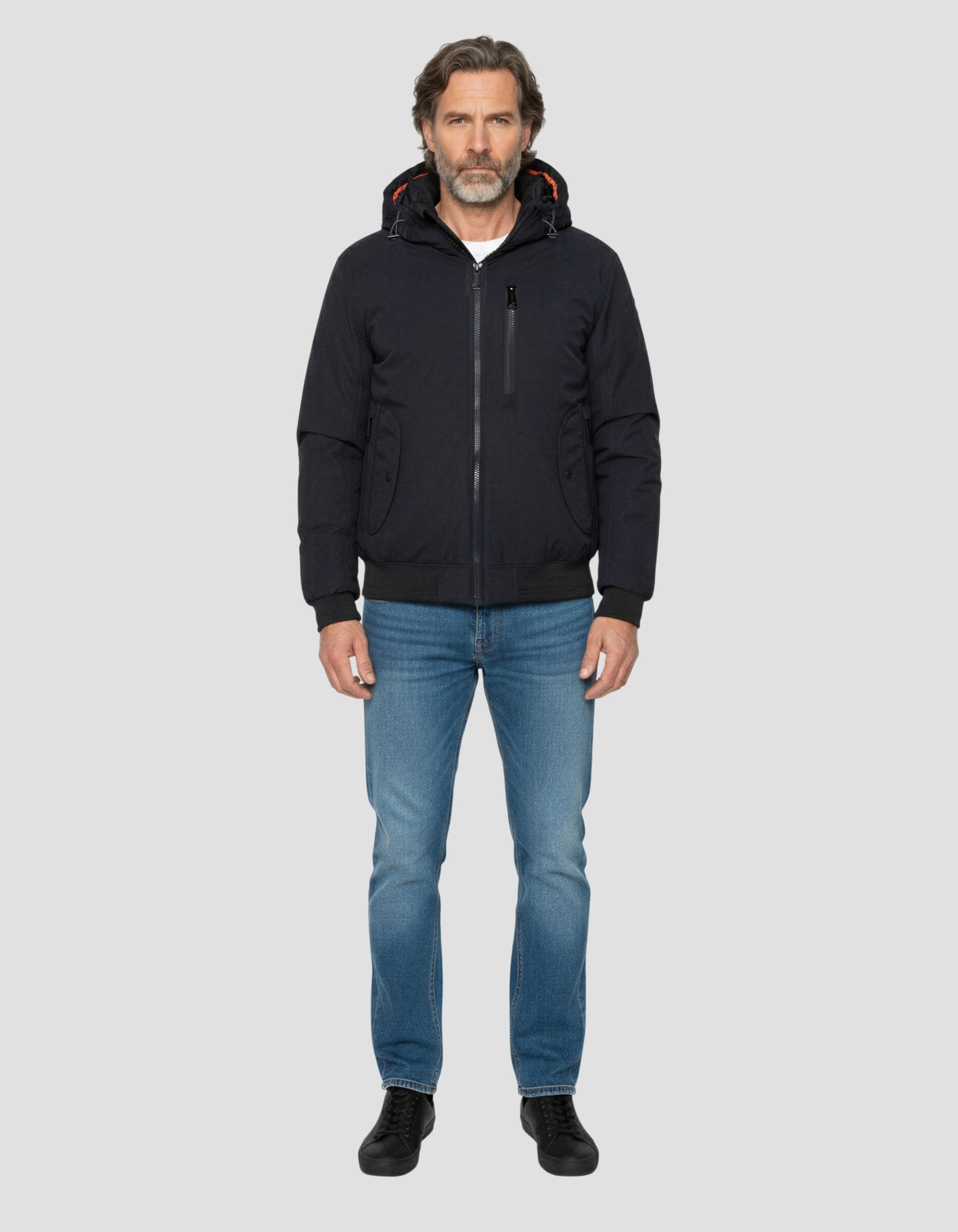 Chaqueta azul marino con capucha con Plastron extraíble-1