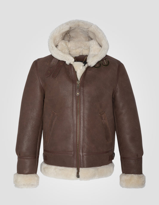 Chaqueta de coñac con capucha Bombardier B-3, cuero de oveja, gran tamaño